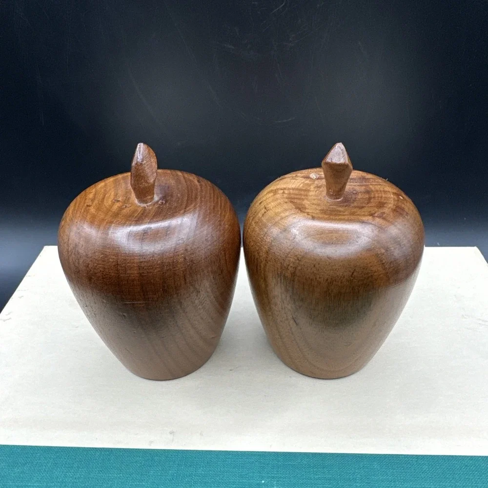 Salt & Pepper Shakers Set Carved Apple Wood w Cork‎ Stoppers Vintage 60s MCM